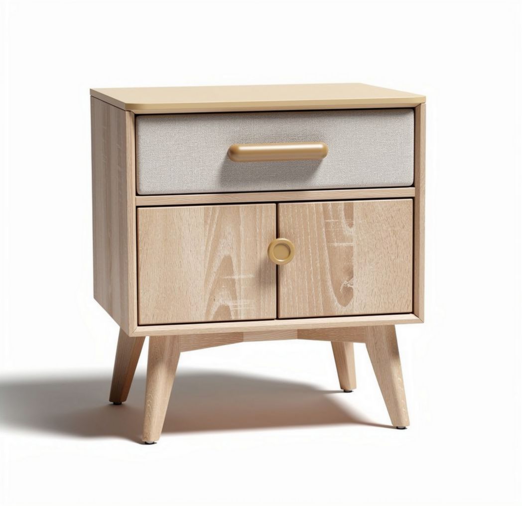 Wooden nightstand with fabric drawer storage and natural finish 50 x 40 x 45cm