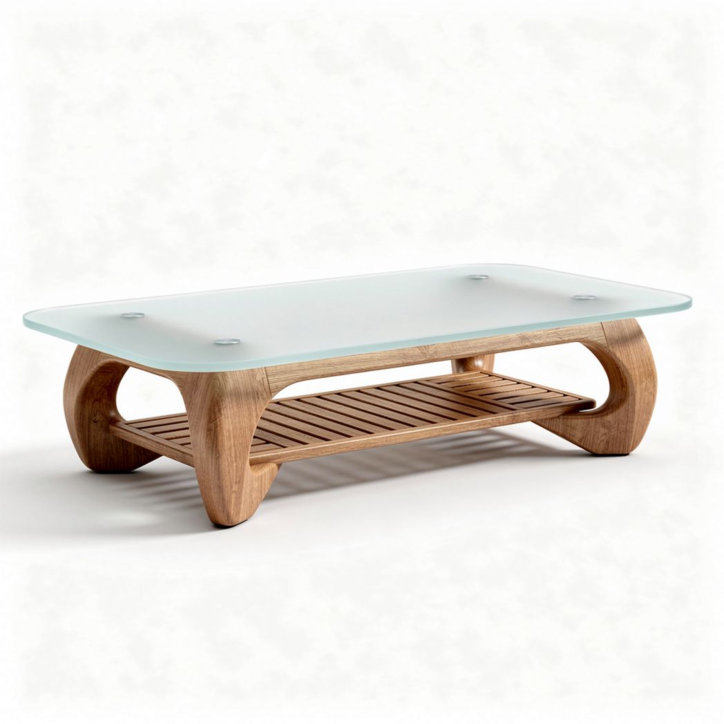 Glass top coffee table with wooden base and lower storage shelf 120 x 60 x 40cm