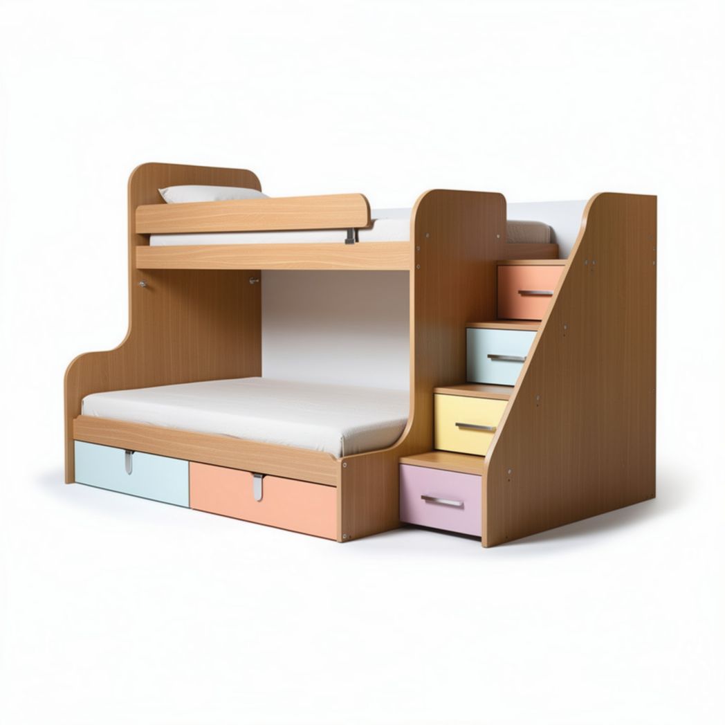 Wooden bunk bed with storage staircase and pull-out trundle in natural finish