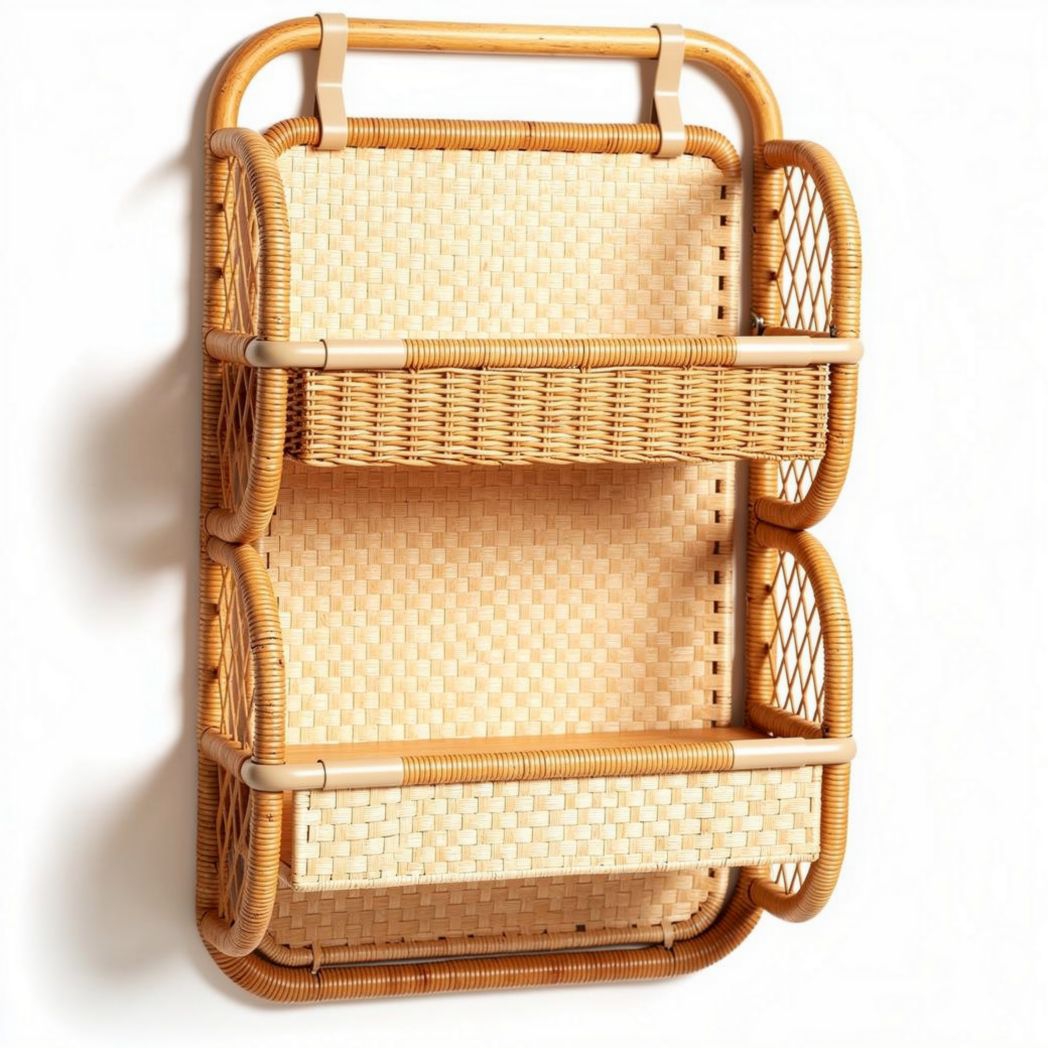Wall-mounted wicker storage organizer with two baskets and natural finish