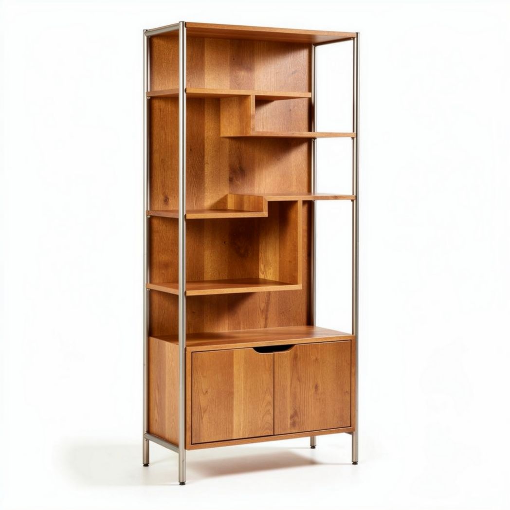 Wooden bookshelf with metal frame and storage cabinet 180 x 80 x 40cm