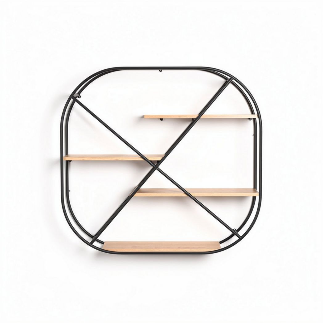 Round wall-mounted bookshelf with five wooden shelves and metal frame 60 x 60 x 15cm