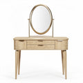Natural wood vanity table with round mirror and two storage drawers 90 x 40 x 75cm