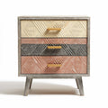 Three-drawer nightstand with geometric pattern in beige gray and pink 40 x 30 x 70cm