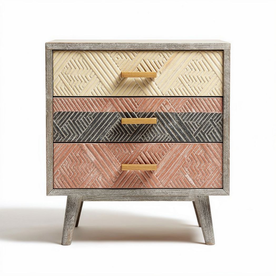 Three-drawer nightstand with geometric pattern in beige gray and pink 40 x 30 x 70cm
