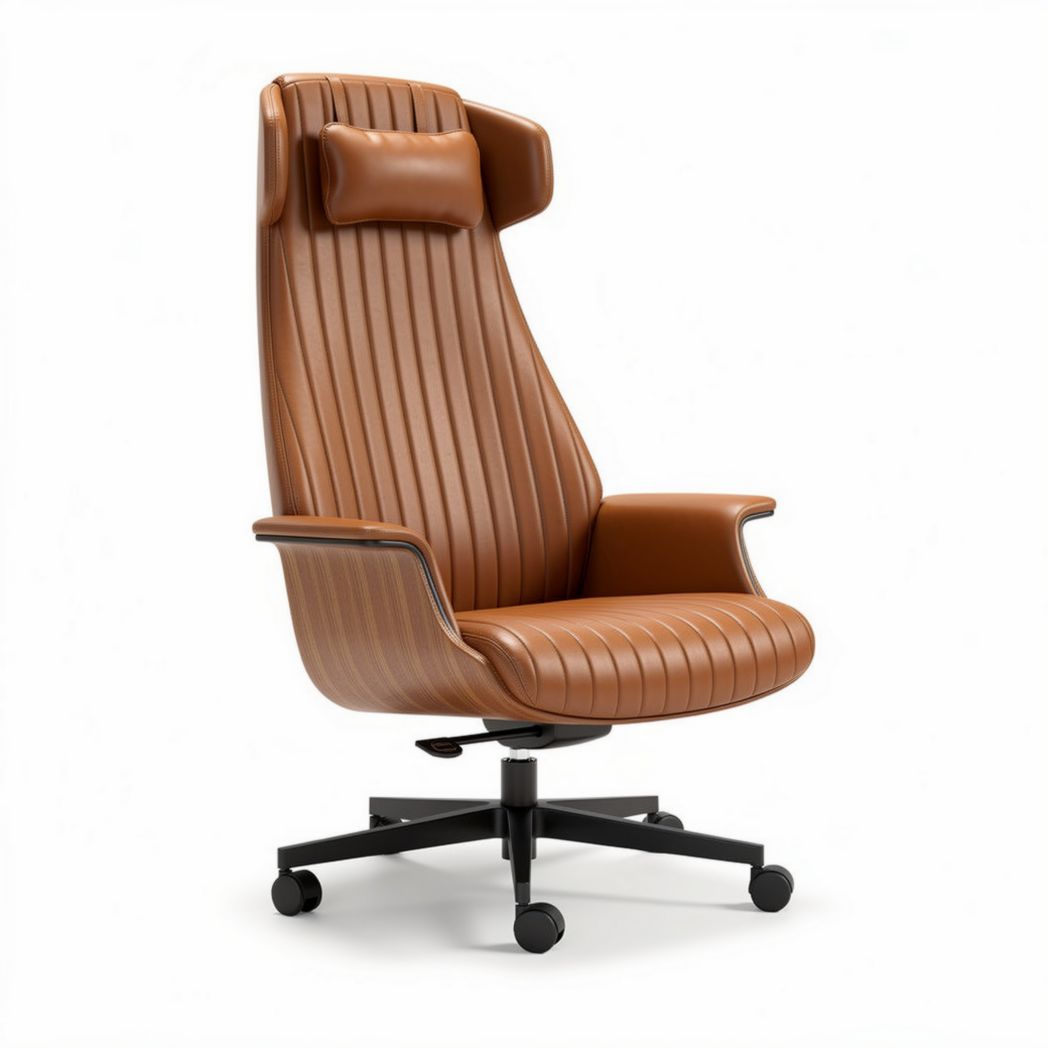 Leather executive office chair with adjustable headrest and swivel base