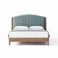 Fabric upholstered bed frame with wood accents and queen size dimensions
