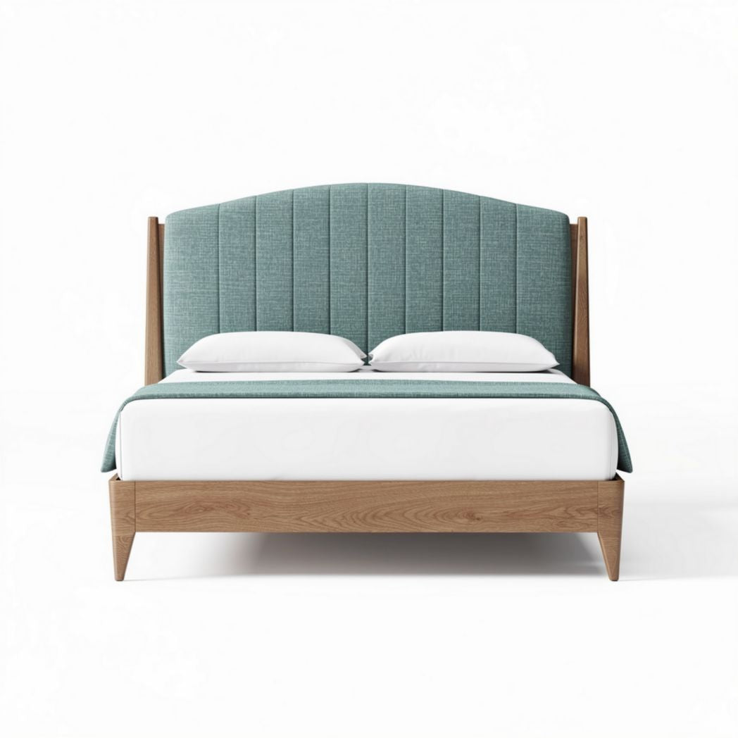 Fabric upholstered bed frame with wood accents and queen size dimensions