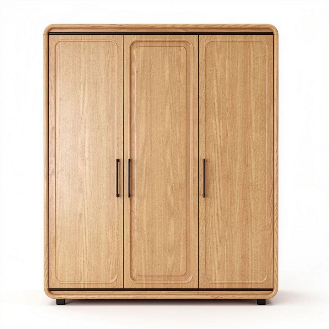 Three-door wardrobe with wooden finish and black handles 150 x 50 x 200cm