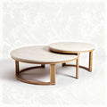 Marble top coffee table set with wooden base in natural finish 80 x 80 x 40cm