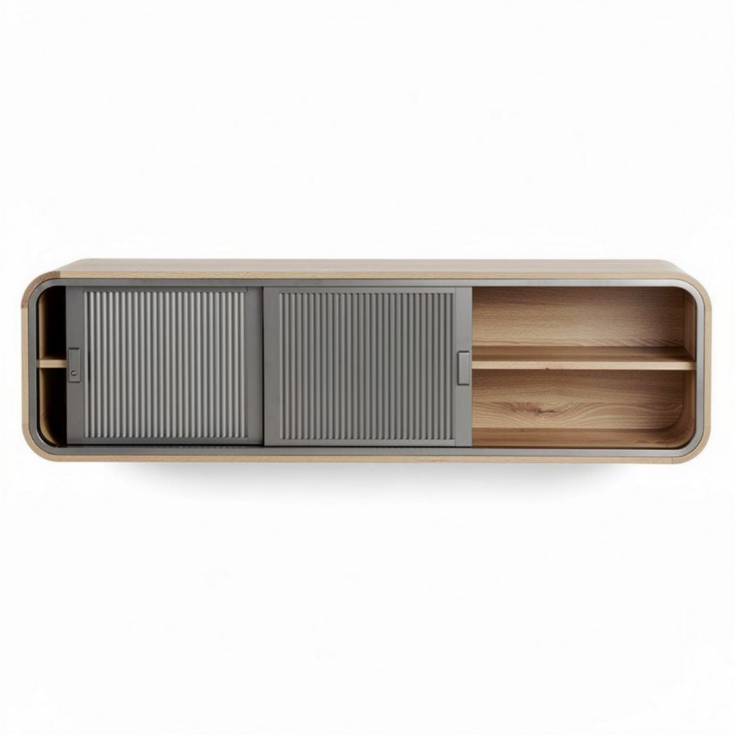 Modern wall-mounted wooden storage unit with sliding doors and open shelves